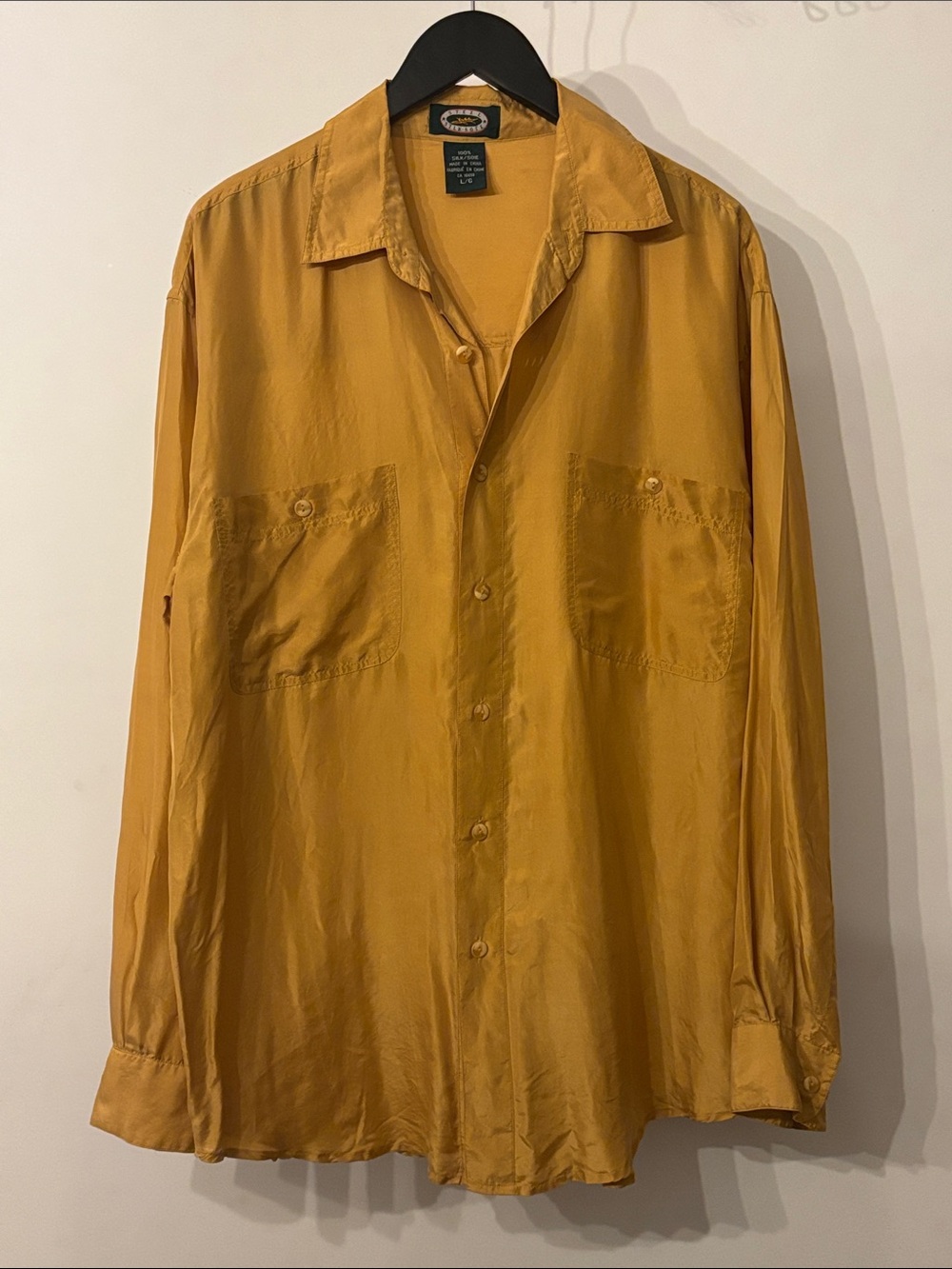 STEEL 100% Silk Shirt Men’s L Mustard Yellow Vintage Utility